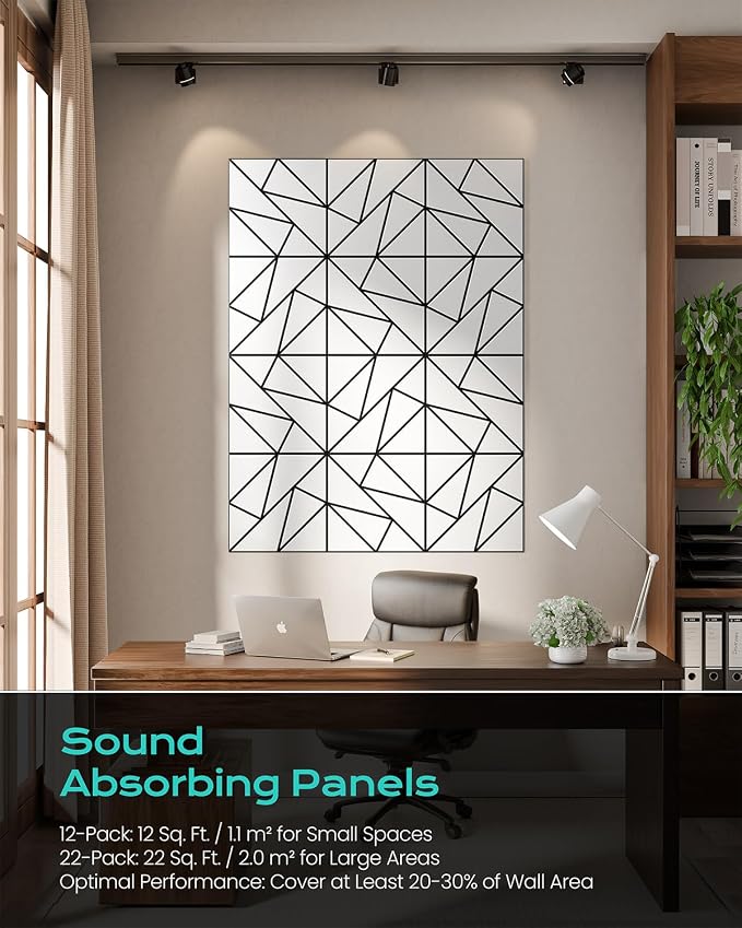 18-Pack Felt Acoustic Panels,12"x12"x0.4" Soundproof Wall Panels, Peel & Stick Sound Proof Foam Panels for Walls, Geometric Noise Reduction Panels for Home Office,Studio (White on Black) - Image 5