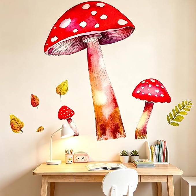 Red Mushroom Woodland Fall Leaves Nursery Wall Decals for Kids Room Decor | Boho watercolor peel and stick removable vinyl DIY wall decor sticker for kids nursery living room bedroom playroom classroom - Image 6