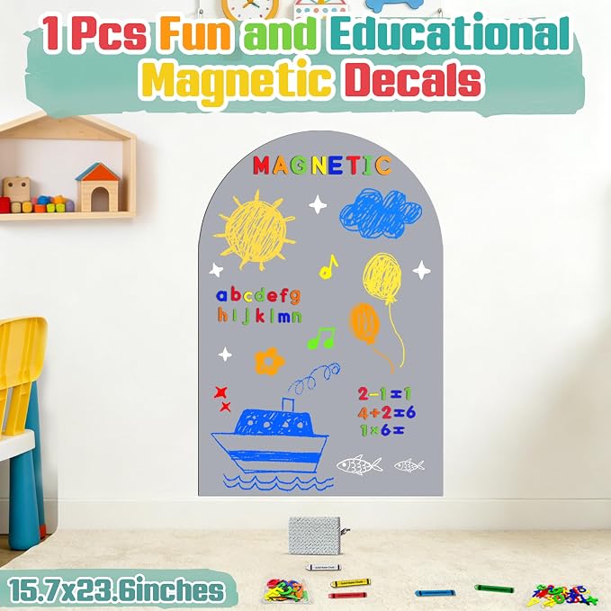 Arch Magnetic Wall Decal Magnet Board for Kids Playwall Peel and Stick Grey | Peel and stick, self adhesive, for toddler bedroom playroom homeschool decor, vinyl drawing learning, 79 magnet alphabet ABC - Image 8