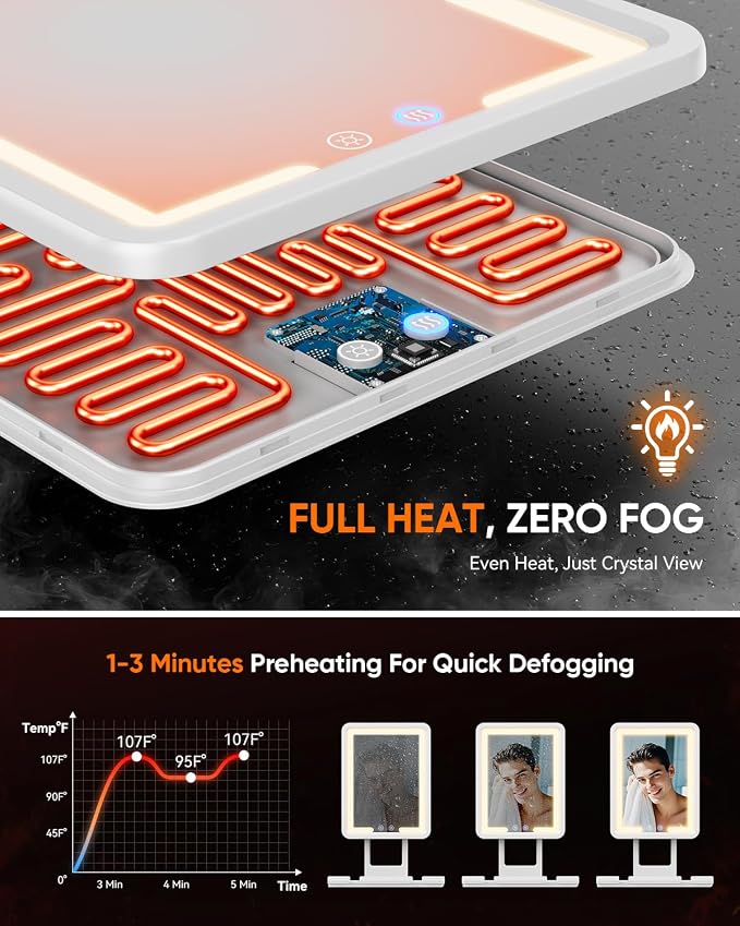 Heated Shower Mirror Fogless for Shaving (Gen 3) - 3 Colors Stepless Dimmable Lights, Anti-Fog Shaving Mirror with Razor Holder, No-Drilling, Removable - White - Image 4