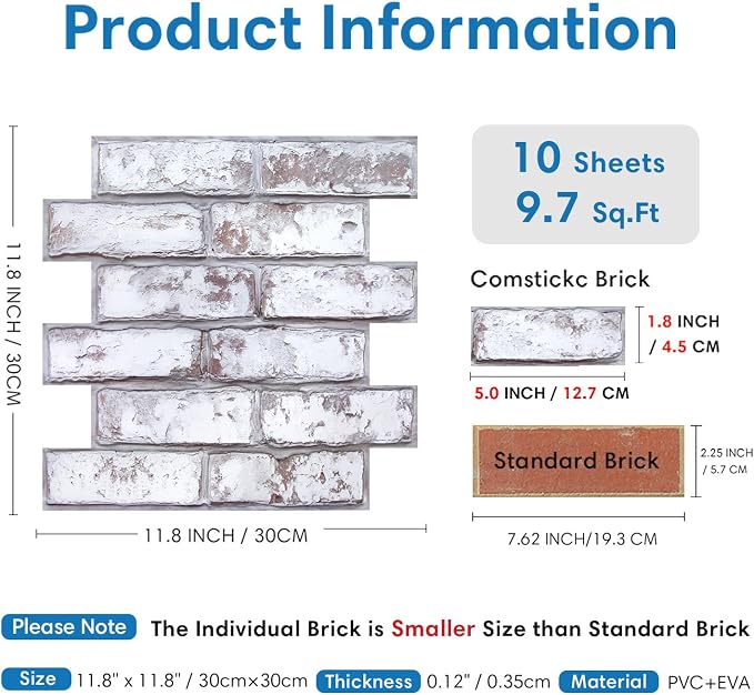 COMSTICKC 3D Peel and Stick Faux Brick Wall Panels for Quick DIY Wall Decor | Retro Gray White, 10 Pcs 11.8" x 11.8", Not Real Brick, Small Size Brick, Thin PVC Decorative Wall Sticker, Cover 9.7 sq ft - Image 4