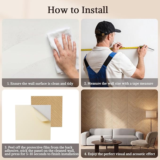 Acoustic Wall Panels, 8 Piece 23.62" X 23.62" Peel and Stick Wall Panels | High-Density Polyester Fiber Self Adhesive Soundproofing for Interior Wall Décor, Timber Vee Herringbone - Image 9