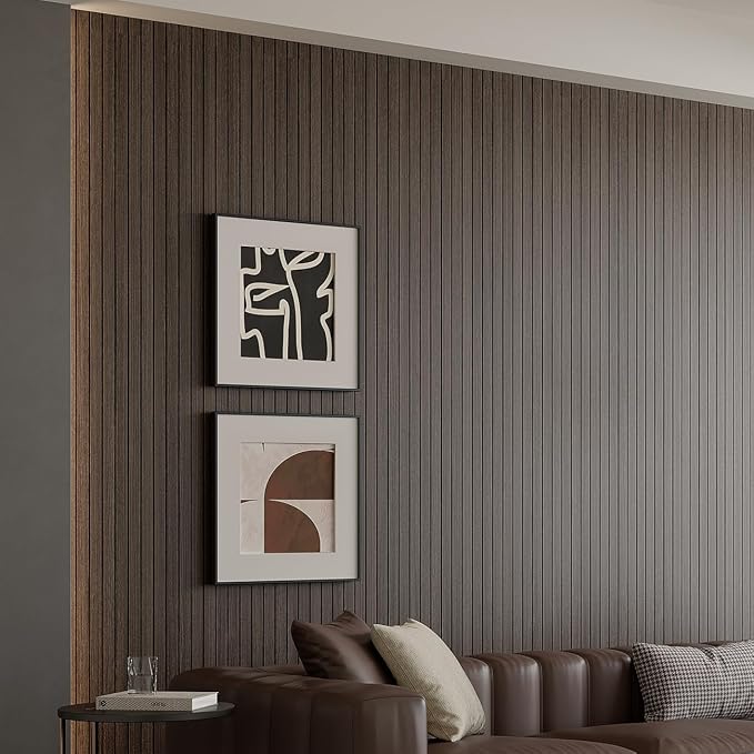 Yutianli PVC Slat Wall Panel Peel and Stick 118"x 15.7" Faux Wood Slat Panel Artificial Smoked Wood Grain Self-Adhesive Soundproof 3D Wall Panel for Walls and Ceilings - Image 2