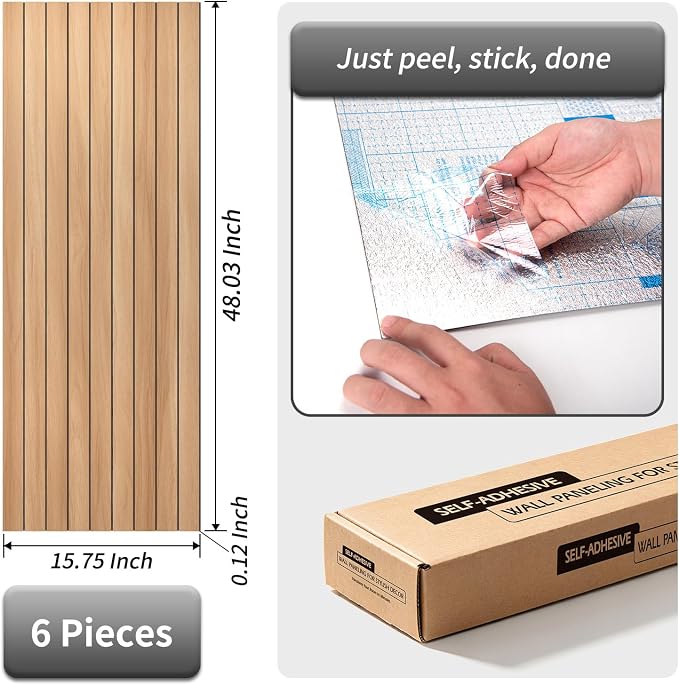 AMZDEPOT Peel and Stick Wood Panels for Wall, 6 Pack, Oak | Self-Adhesive Slat Wall Panels, PVC Thick, 3D Wood Grain Wallpaper, for Walls and Ceilings, 48"x15.75", Packed in Long Boxes - Image 2