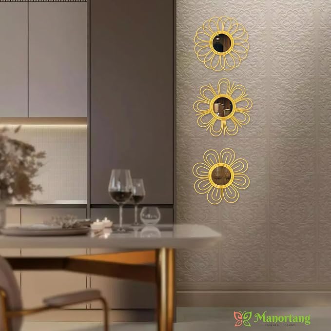 Gold Mirrors 3 Piece, 9 inch Flower-Indoor Shaped Mirror Hanging Wall Decor - Image 7
