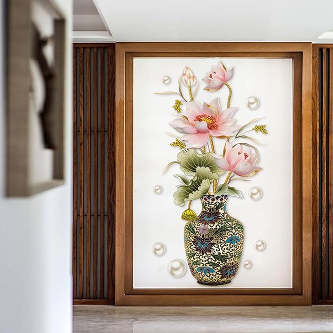 Chinese Style Lotus Flower Vase Wall Sticker, 24"x47" Classical Lotus Flower Wall Decals Murals Peel and Stick 3D Wall Art Stickers for Girls Bedroom Nursery Living Room TV Home Decor - Image 4