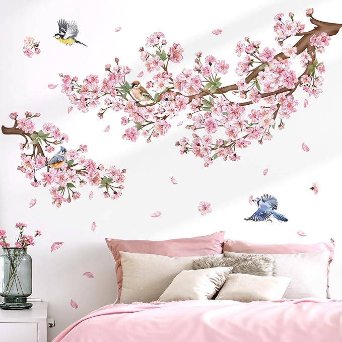 decalmile Cherry Blossom Branch Pink Floral Birds Sofa Wall Decals Stickers - Image 4