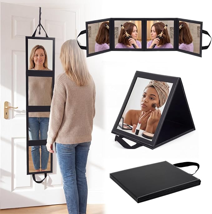Novabright Over The Door Full Length Mirror, Foldable Hanging Acrylic Body/Makeup Mirror with Height Adjustable Hook for Bedroom Closet Bathroom, Dance Travel Camping(Black,4-Panel) by Unknown