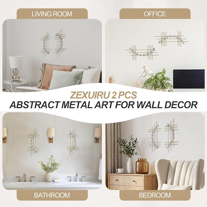 ZEXUIRU 2 Pcs Abstract Metal Art for Wall Decor Living Room Bedroom Bathroom Office Metal Bling Modern Geometric Hanging Vertical Small Iron Sculpture Plaque Pack -Gold 15.7in - Image 6