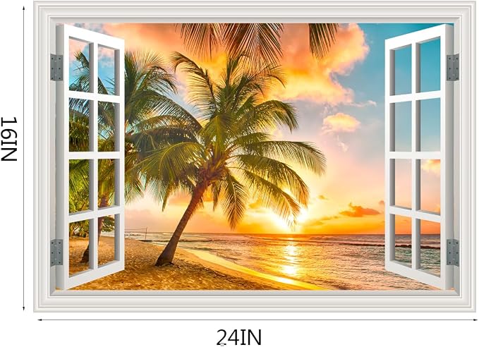 Fake Window Wall Decal- Summer Beach Ocean Coconut Trees Open Art Sticker | Faux Window Natural Scenery Landscape Mural ｜ Stick and Peel Wall Decals｜for Room Bedroom Office Scene Picture Decor｜24"x16" - Image 4
