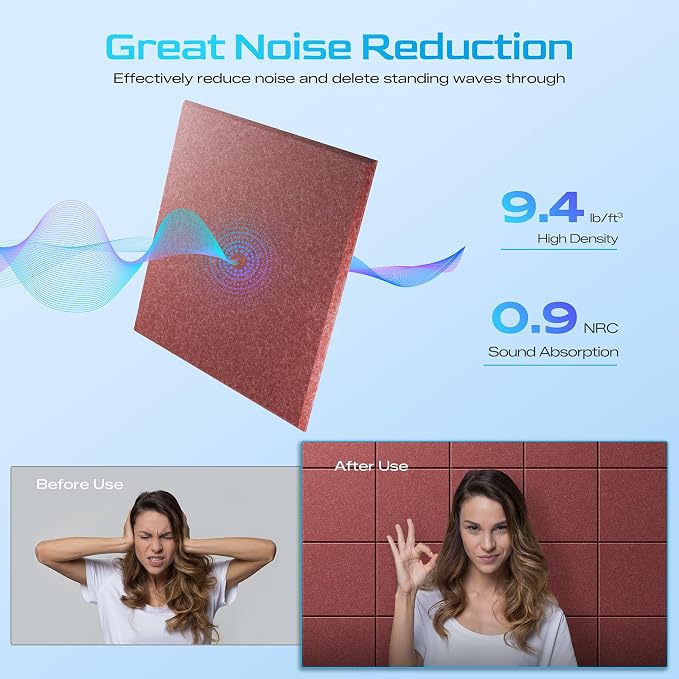 22 Pack Self-Adhesive Sound Proof Foam Panels for Walls 12"x12"x0.4" Fabric | High-Density Acoustic Panels, Noise Reducing Soundproof Wall Panels for Home Studio, Office, Easy-Install Red - Image 3