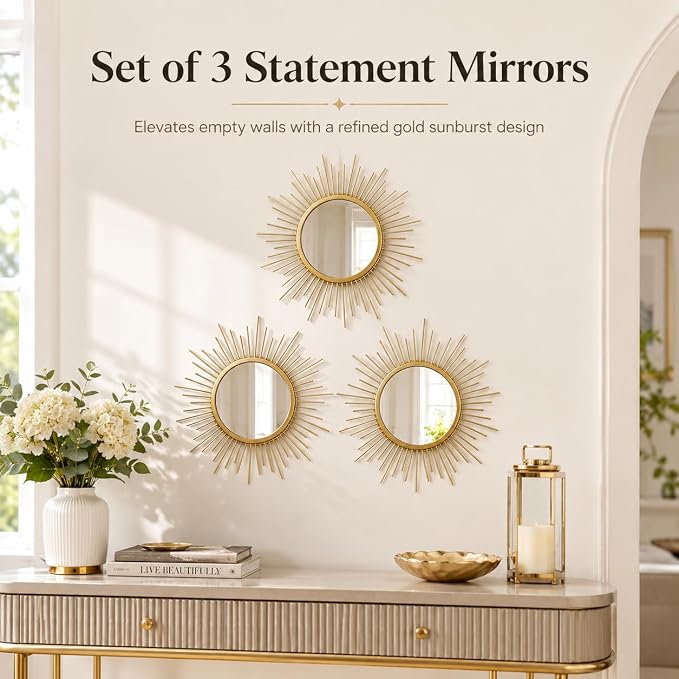 Gold Sunburst Mirror Set of 3, 3PCS Metal Round Decorative Wall Mirrors, Starburst Accent Mirror Wall Decor for Living Room, Bedroom, Entryway, Hallway & Bathroom - Image 5