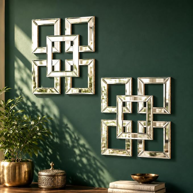 Square Decorative Wall Mirror 12 x 12 Inch, Silver Frameless Mirror Wall Decor with Beveled Edge, Modern Wall Mounted Accent Mirror for Living Room, Bedroom, Hallway, Set of 2 by OPULINEA