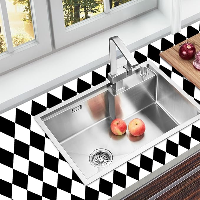 Black and White Peel and Stick Wallpaper Diamond Wallpaper Rhombus Contact Paper 17.3"x200" Lattice Self Adhesive Waterproof Vinyl Roll for Bathroom Kitchen Backsplash Cabinets - Image 5