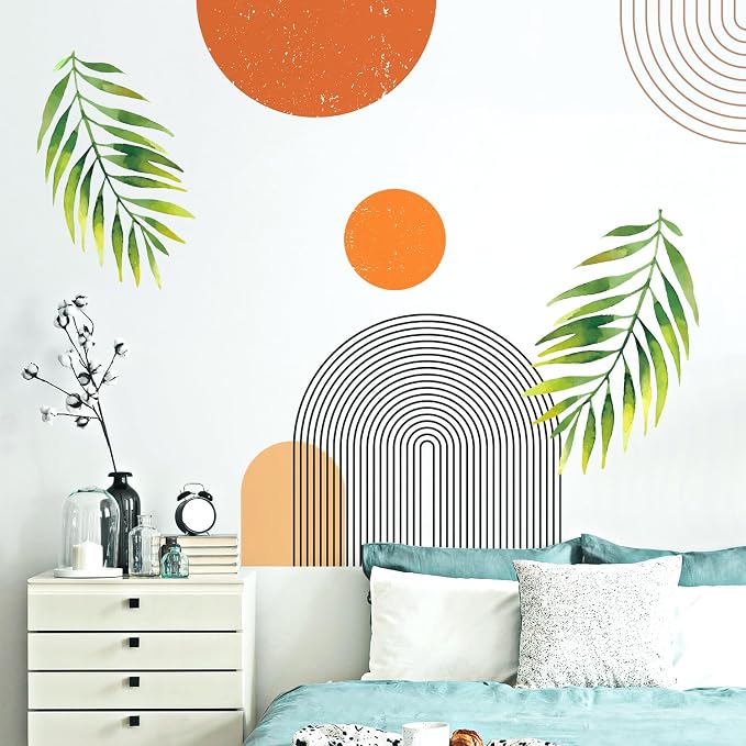 Boho Mid-Century Modern Wall Decals Peel and Stick, Large Archs Sun Vinyl Wall Stickers, Removable Leaves Plants Home Decor Art for Bedroom Living Room Classroom Office - Image 7