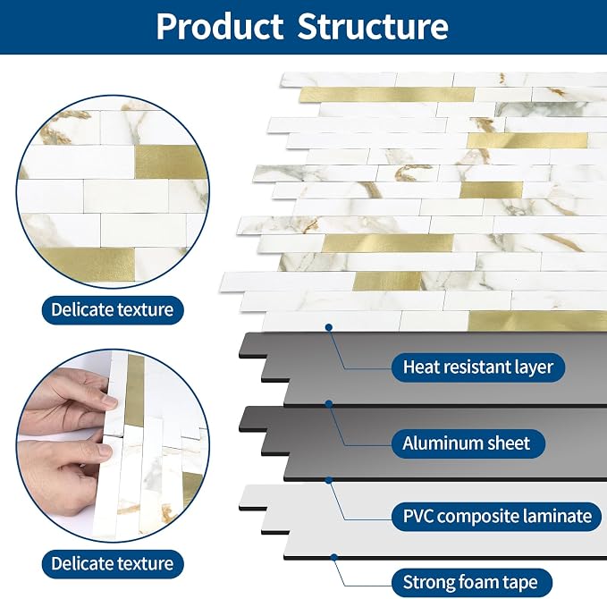 5 - Sheet Peel and Stick Backsplash Wall Tile, PVC Kitchen Backsplash, Stick on Tiles for Backsplash Kitchen (12'' X 12'', White with Gold) - Image 7