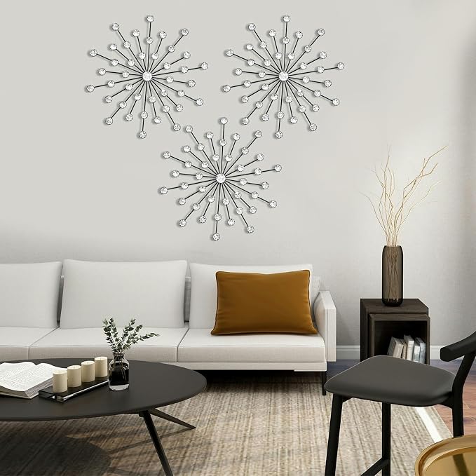 ZEXUIRU 3 Set Black Starburst Wall Art for Home Decor Metal Bling Crystal Rhinestones Sunburst Wall Decor Sparkling Rhinestone Art Accent Black - 13in - Image 4