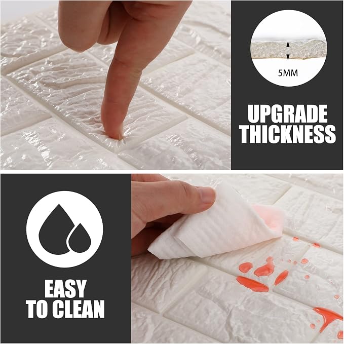 Tinlade 30 Pcs 3D Wall Panels Peel and Stick Wallpaper Foam, White | Faux Brick Stone Tiles, Covering 28.8-48.4 Sq ft, Self Adhesive Waterproof Panels for Bedroom Living Room Kitchen Walls - Image 3