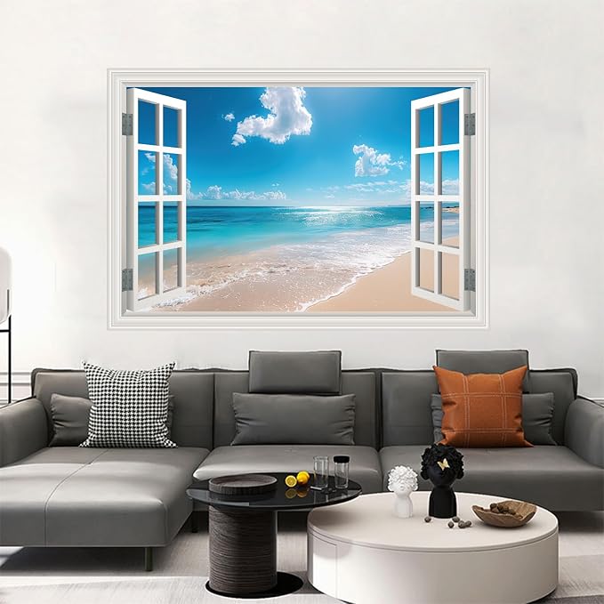 Fake Window Poster Wall Art Sticker - Summer Beach Faux Window Wall Mural for Wall Decor, Stick and Peel Wall Decals,48"x32",Set of 2 Sheets - Image 9