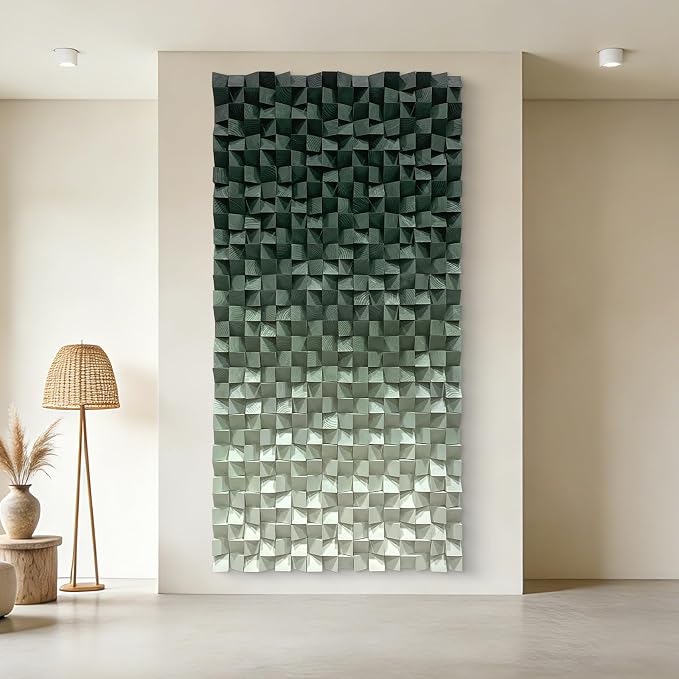 LIUZEYUE Forest-Tone Cube Mosaic, 3D Geometric Wood Wall Decor | wooden wall decor for living room; forest green and ivory, wood relief depth; conference room side wall; 27.6 x 55.1 in - Image 7