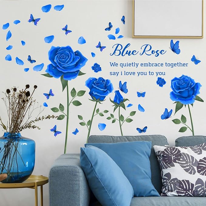 Blue Rose Wall Decals with Butterflies, Romantic Flower Wall Stickers with Quotes, Wall Art Decor for Bedroom Living Room, Blue Rose Petal Wall Mural for Room Rose Stickers - Image 5