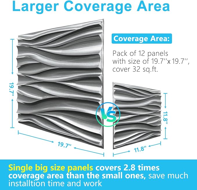 STICKGOO Wave 3D Wall Panels, Brushed Silver, 19.7''x19.7'', Pack of 12 | PVC Accent Wall Panels for Interior Wall Decor, Living Room, Lobby Bedroom Hotel Office, Cover 32.4Sq.Ft - Image 3