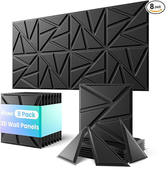 ROOME 12"x12" 3D Decorative Panels, Cuttable and DIY-Friendly Upgraded uPVC Fire-Resistant Wall Panel, Modern Wall Art Panels for Living Room, Lobby, Office, Game Room, Black, 8-Pack by ROOME