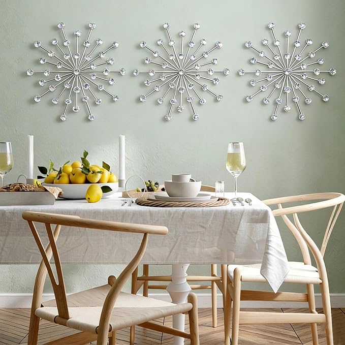 ZEXUIRU 3 Set Silver Starburst Wall Art for Home Decor Metal Bling Crystal Rhinestones Sunburst Wall Decor Sparkling Rhinestone Art Accent Silver - 18in - Image 2
