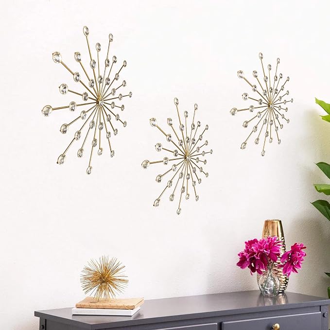 ZEXUIRU 3 Set Gold Starburst Wall Art for Home Decor Metal Bling Crystal Rhinestones Sunburst Wall Decor Sparkling Rhinestone Art Accent Gold - 13in - Image 5