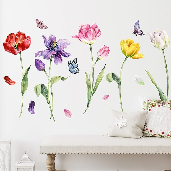 Zonon 6 Pcs Flower Wall Decals Peel and Stick Sticker, Tulip | Vinyl Removable Wall Stickers & Murals, Watercolor Tulip Wall Decals, Colorful Floral Decor for Bedroom, Living Room, Nursery - Image 2