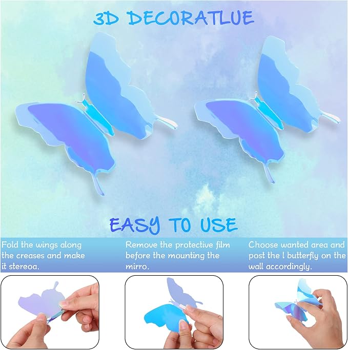 BBTO 48 Pcs 3D Butterfly Mirror Wall Decor,Blue | Butterfly Stickers,3 Sizes,for Birthday Party Cake,Room Nursery Bathroom Wall Decor,Removable Peel Stick,Reflective - Image 4