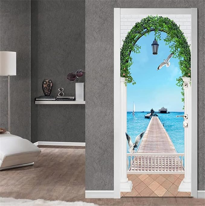 artfanke 3D Door Sticker Peel and Stick 33.5"x84.6"- Self-Adhesive Door Murals Wallpaper - Arched Seagulls Bridge Seascape Wall Decal for Bedroom Decor (2 Sheets/Set) - Image 4