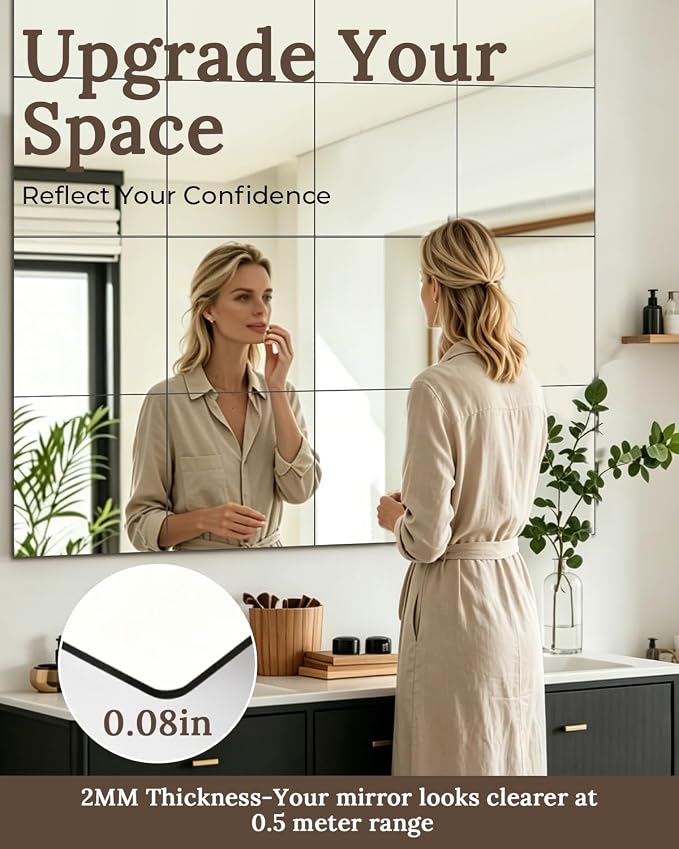 20 Pack Peel and Stick Mirror Tiles, 8x8 Inch Shatterproof Flexible Stick on Mirrors for Wall Self-Adhesive Sticker for Bedroom, Door, Bathroom, and Dance Studio Installation - Image 5