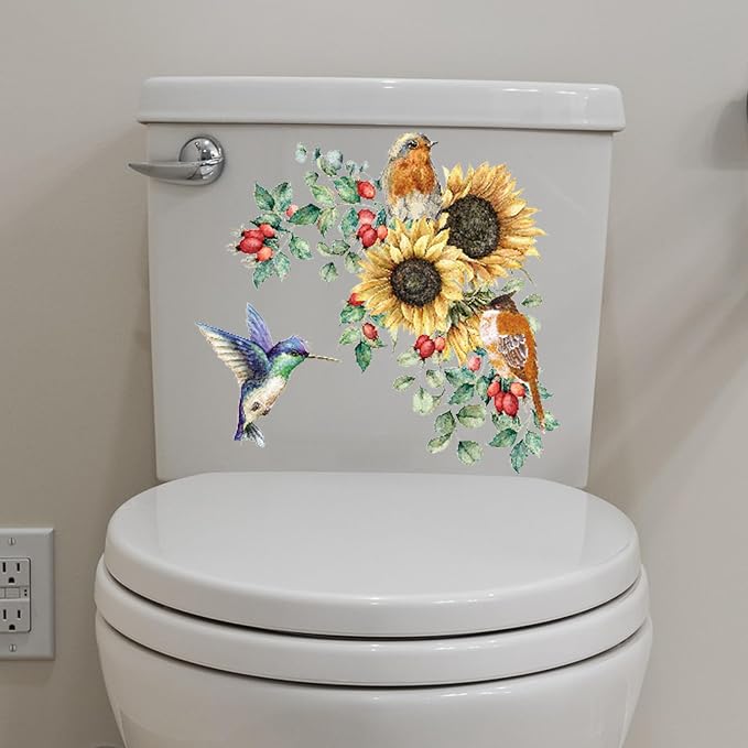 Sunflower Wall Stickers & Murals Bird Wall Decals Peel and Stick Yellow Flower Window Clings Watercolor Hummingbird Art Decor Wall Clings Kitchen Cabinet Decals for Bathroom Toilet Tank Girls Bedroom - Image 4