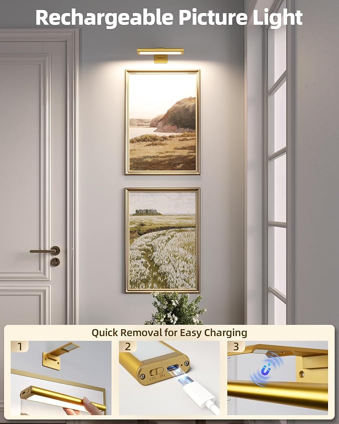 EZVALO Picture Light for Wall, Rechargeable 2400mAh Gold Lights Wireless with IR Remote, 3 Color & Dimmable Magnetic 7.87'' LED Lights Display for Painting, Living Room, Gallery, Bedroom Art(3P) - Image 9