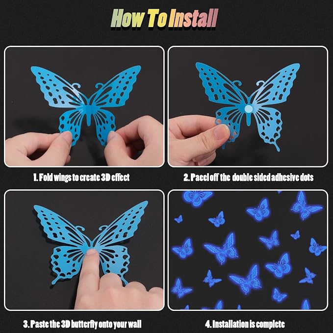 SAOROPEB Glow in The Dark 3D Butterfly 24 Pcs Blue Butterfly Stickers | 3 Sizes, Luminous for Ceiling or Wall, Glow in The Dark Party Supplies, Removable Luminous Stickers for Kids Babys Nursery - Image 8