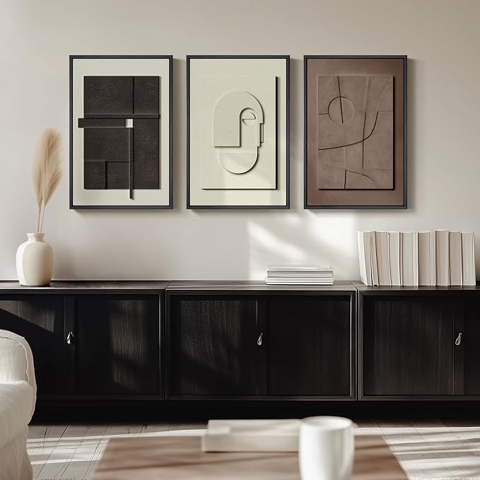 3D Textured Framed Abstract Wall Art Set, 3 Piece Modern Artwork, 16x24 In | Solid Wood Frames, Sandstone Textured Paintings, Black White Brown Sculptural Pictures Wall Decor Living Room Bedroom Office - Image 8