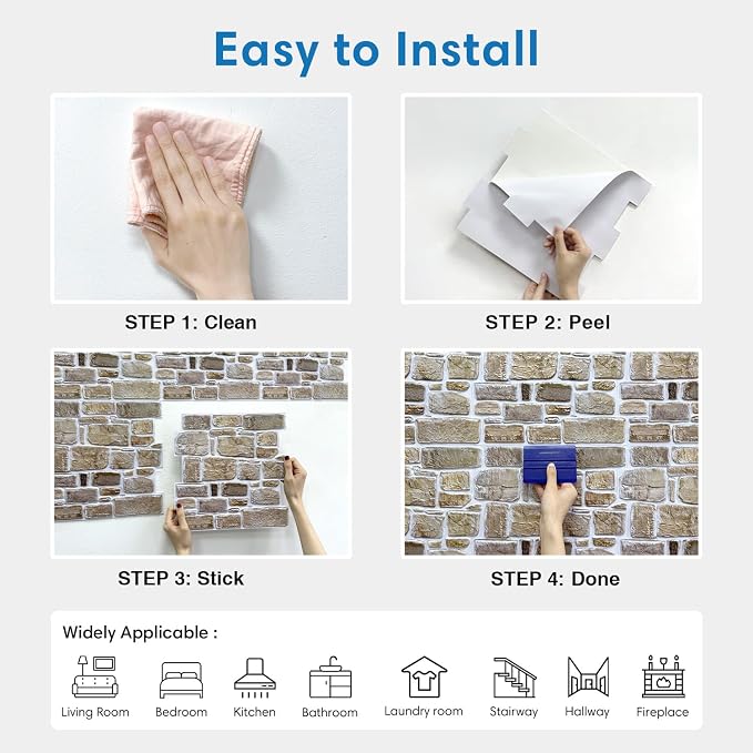 COMSTICKC 3D Faux Stone Wall Panels Peel and Stick, 10 Pcs 11.8" x 11.8" | Not Real Stone, Ultra-Light Thin PVC 3D Fake Rock Wall Sticker Covering for Easy DIY Interior Decor, Cover 9.7 sq ft - Image 7
