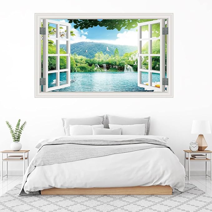 ‌Lmyhome Fake Window Wall Mural Spring Lake Landscape (64"x48") | Peel and Stick Faux Window Wall Sticker Decal Poster for Bedroom Home Decor - Image 2