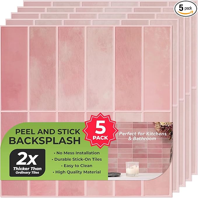 Select 5 Pack Peel and Stick Backsplash Square Tiles, 12x12 in, Pink | Extra Thick 3D Wall Panels, Heat & Water Resistant, Easy DIY Kitchen, Bathroom, Laundry, Fireplace & Rental Home Wall Décor by selectlighting