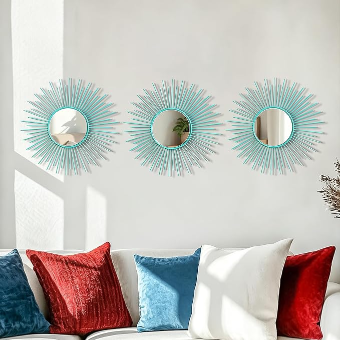3 Pack Metal Mirrors for Wall Sunburst Wall Mirrors Home Décor Decorative Hanging Wall Art for Living Room Bedroom Entryway (Greenish Blue, Sunburst) - Image 6