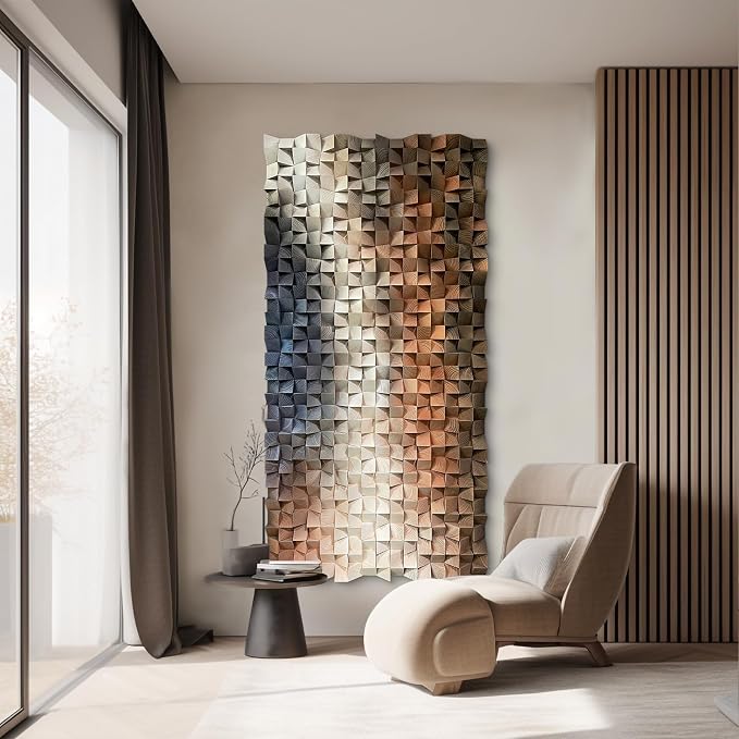 LIUZEYUE Blue Wooden Wall Art, Cross-Flow Cube Mosaic, Mosaic Relief | pine mosaic wall art; navy and copper, substantial wall coverage; boutique hotel hallway column wall; 23.6 x 47.2 in by Unknown