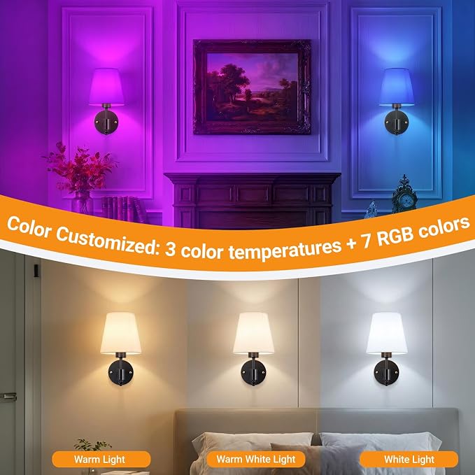 Nekhung Battery Operated Wall Sconce, Peel and Stick Sconces Set of 2 | Wireless Adhesive Stick On Wall Sconce, 10000mAh Rechargeable RGB Bulb with Remote, No Drill Wall Light for Bedroom Decor - Image 5