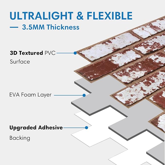 COMSTICKC 3D Faux Brick Wall Panels Peel and Stick Decorative Tiles Sticker | 10 Pcs 15.7" x 11.8", Red Whitewash, Not Real Brick, Thin PVC Fake Brick Backsplsh Sticker Covering for DIY, Cover 12.9 sq ft - Image 4