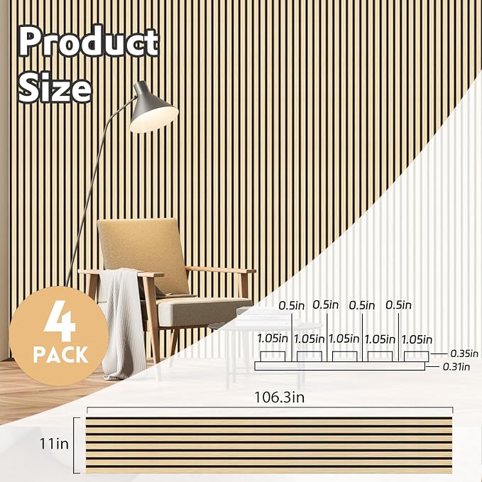 4 Pack Wood Panels for Wall, 106.3" × 11" Wood Slat Acoustic Panels, Soundproof 3D Fluted Panels for Interior Wall Decor (Oak) - Image 2