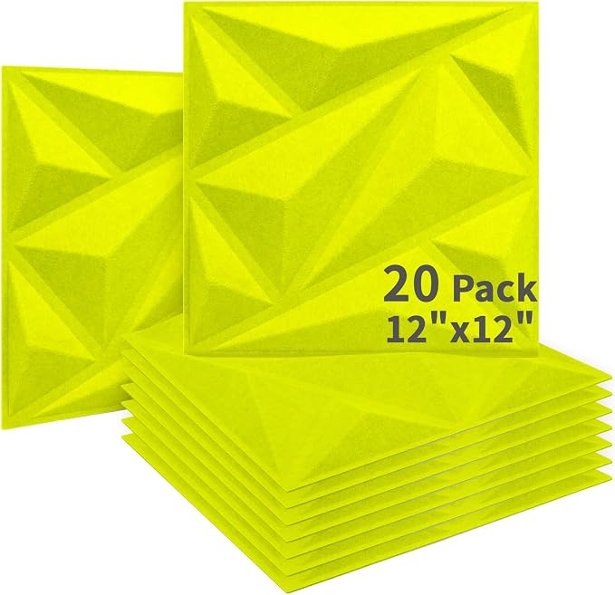 Art3dwallpanels Acoustic Panels, Fluorescent Green, 20 Pack, 12" X 12" | Soundproof Wall Panels, Sound Dampening, 3D Wall Panels, Sound Absorbing, Without Tape, Flame Retardant Formaldehyde Free by Art3dwallpanels
