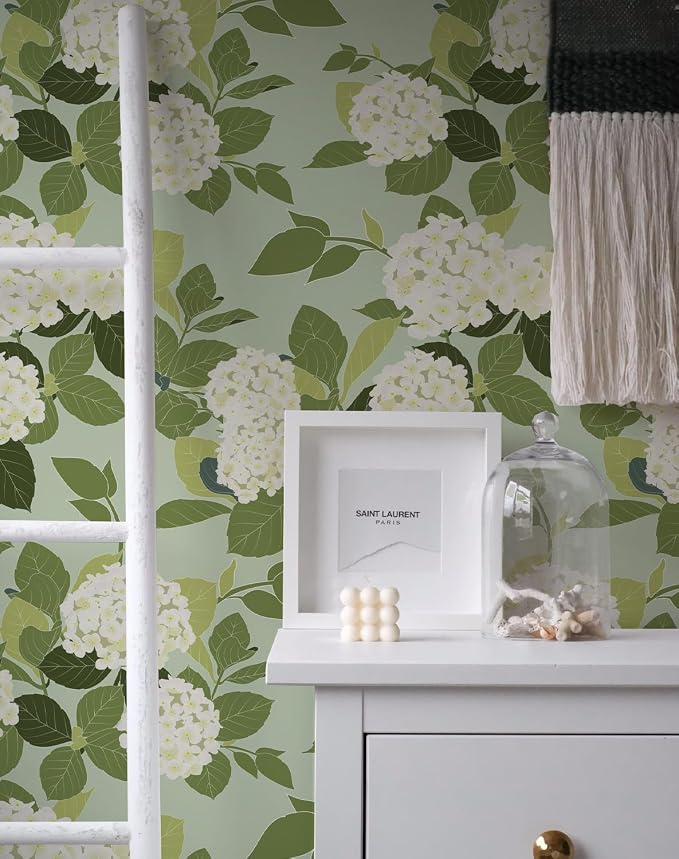 Floral Peel and Stick Wallpaper Self Adhesive Hydrangea Wall Paper French Country Cream Stick on Wallpaper for Bedroom Wall Decor Elegant Mural (Green Hydrangea, 472.44“ X 17.4") - Image 2