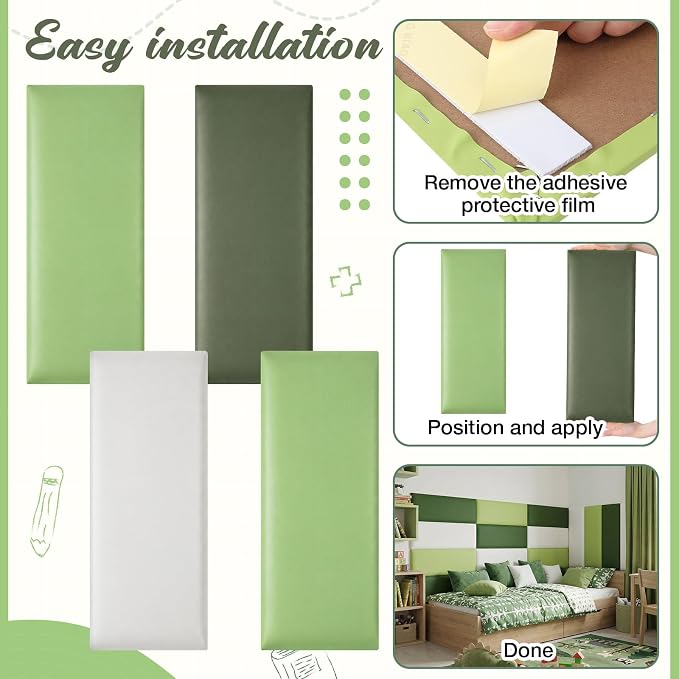 Hahafelt Wall Padding for Playroom Peel and Stick Headboard 3D Anti Collision Upholstered Wall Panels Self Adhesive Headboard(19.69" × 7.87" × 1.18",Fresh Green,8 Pack) - Image 4