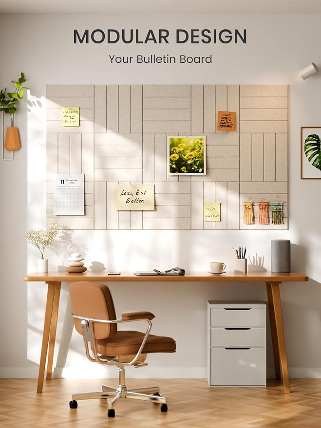 Bumusty 48"x 36" Large Felt Bulletin Board Tiles, Oatmeal | 12-Pack Cork Board Alternative, Wall Decor, 30 Pushpins, 60 Adhesive Tabs, Vision Board, Office, Classroom, Home, Dorm - Image 7