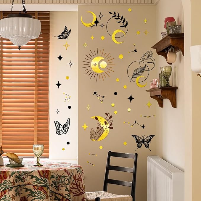 Boho Gold & Black Foil Wall Stickers - Celestial & Butterfly Wall Decor Peel and Stick Removable Art Decals Decorative for Living Room Bedroom,59.9 cm x 63.2 cm by Unknown